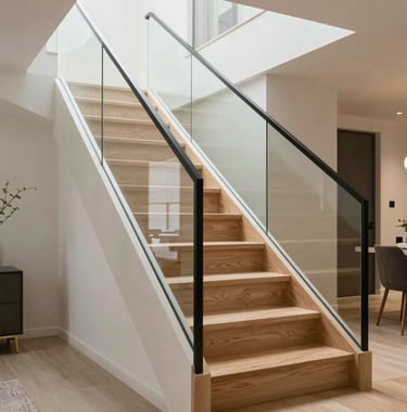 A sleek architectural detail of a modern staircase with glass railings and light wood steps in a bright North American home.