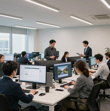 A professional wide shot of a modern real estate tech office in North America. People are collaborating at sleek desks with large monitors displaying property data. The atmosphere is technology-driven, clean, and professional.