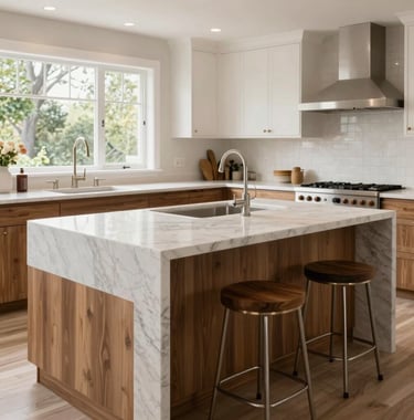 A professional real estate photograph of a luxury kitchen island featuring white marble countertops and elegant wood accents. The lighting is bright and natural, typical of a high-end North American home.