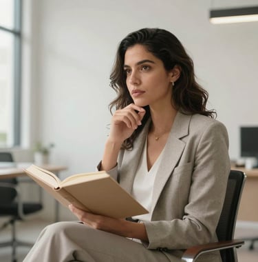 A sophisticated South American / Brazilian woman sitting thoughtfully in a bright, modern office space with minimalist decor. She is holding an open book, looking inspired. Natural lighting, colors dominated by warm greyish beige and soft off-white.