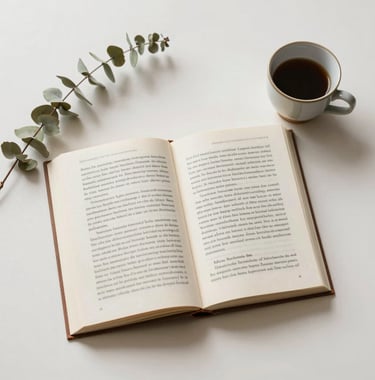 A flat lay photography of an open book on a clean soft off-white table, accompanied by a small porcelain cup and a sprig of dried eucalyptus. The mood is calm and premium, reflecting deep intellectual transformation.