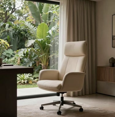 A minimalist and sophisticated interior of a South American / Brazilian home office with a single high-end chair, a large window showing lush greenery, and soft warm taupe curtains. Cinematic, soft lighting.
