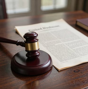 A focused shot of a legal gavel resting on a mahogany desk next to a copy of the United States Constitution, soft natural lighting from a window, North American / US.