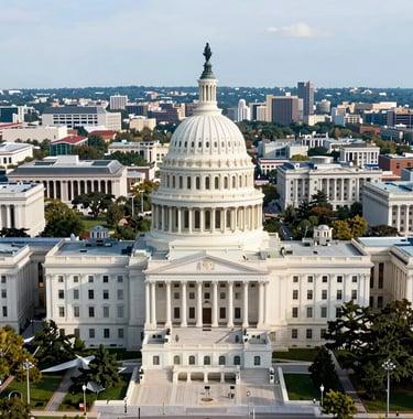An aerial view of the National Mall in Washington D.C., showing the Department of Justice building in context with other federal institutions, clean and professional look, North American / US.