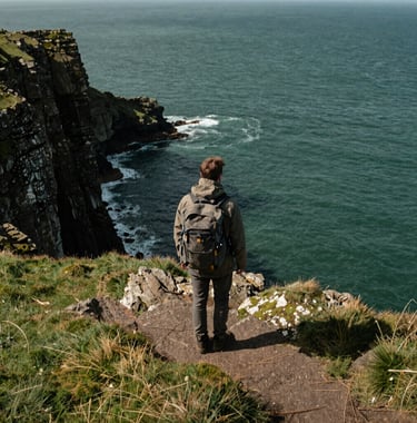 A Northern European / British / Yorkshire traveler with a backpack standing on the rugged cliffs of Whitby, looking out at the North Sea. The sea is a Deep Forest Green color, and the grass on the cliffs is a vibrant Muted Moss. The lighting is crisp and natural.
