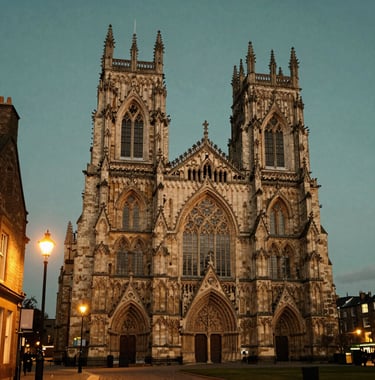 The exterior of York Minster at dusk. The Gothic architecture is illuminated by warm street lamps against a dark moss green evening sky. Northern European / British / Yorkshire city setting.