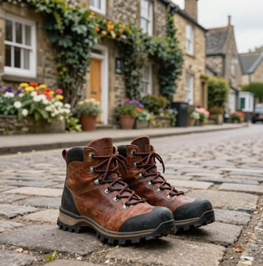A lifestyle photograph showing a pair of sturdy leather hiking boots resting on a cobblestone street in a charming Northern European / British / Yorkshire village. Ivy-covered stone walls and blooming flowers create a warm, inviting local atmosphere.