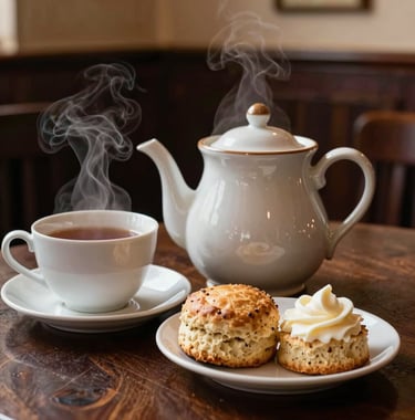 A close-up of a traditional Yorkshire tea service in a cozy pub. A steaming ceramic pot, a cup of tea, and a fresh scone with cream on a dark wood table. Warm indoor lighting.