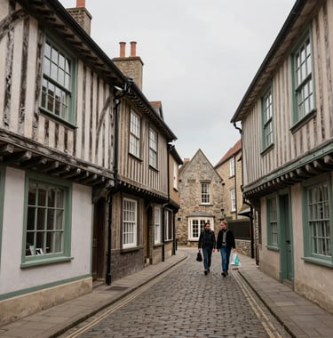 A charming, narrow cobblestone street in York, England, featuring historic timber-framed buildings. The window frames are painted in a Soft Sage color. The sky is a pale Yorkshire Mist gray. A couple, a Northern European / British / Yorkshire pair, are seen walking in the distance, carrying shopping bags.