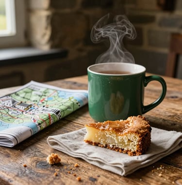 A close-up photograph of a steaming mug of tea and a crumbly piece of parkin cake on a rustic wooden table inside a stone cottage. A folded map of North Yorkshire lies nearby. The color palette includes warm Deep Forest Green shadows and Soft Sage accents on a napkin. Atmospheric Northern European / British / Yorkshire indoor lighting.