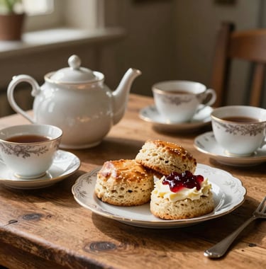 A close-up photograph of a traditional afternoon tea set on a rustic wooden table. A teapot, porcelain cups, and fresh scones with clotted cream and jam are bathed in warm sunlight inside a cozy Northern European / British / Yorkshire tea room.