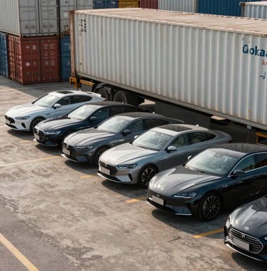 A collection of high-end, modern cars parked in a secure shipping yard next to a massive sea freight container, showcasing the precision and safety of vehicle logistics, Global Business style.