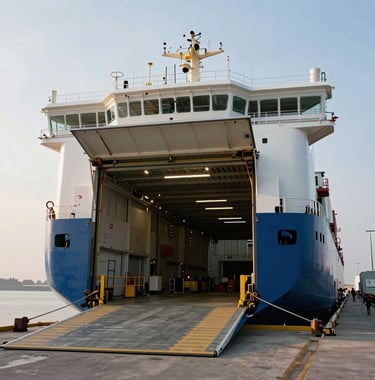 A large white and blue Ro-Ro vessel docked at a harbor with its loading ramp open, ready to receive cargo, bright morning light, professional photography of international logistics operations.