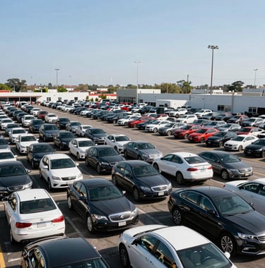 A busy car auction yard in the USA under a clear sky, featuring hundreds of vehicles organized for export. High-resolution photography, professional and bright. Global Business.