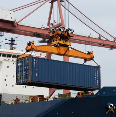 Close up of a heavy-duty crane lifting a container onto a ship at a port. Industrial but clean and premium aesthetic with vibrant orange and deep navy blue colors.