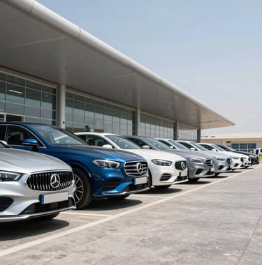 Professional photography of high-end cars lined up at a clean, modern terminal port in the UAE. Clear sky, bright daylight, steel blue and white accents. Global Business.