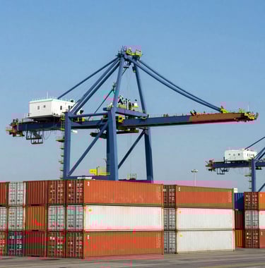 A professional shot of a bustling international port with towering steel blue cranes and neatly stacked shipping containers in orange and white, sharp focus, clear blue sky, Global Business environment.