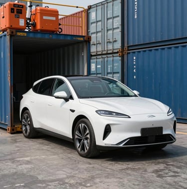 A clean, bright photograph of a modern white luxury sedan being loaded into a shipping container at a busy terminal, with orange safety equipment and steel blue shipping containers in the background.