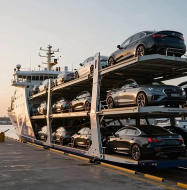 A low-angle view of a professional car carrier ship docked in a modern harbor, with rows of polished cars parked on the deck under a soft golden sunset, Global Business style.