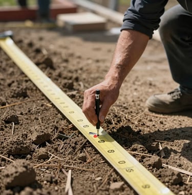 A close-up of a professional site survey or marking on the ground, indicating organized and measured land preparation for development.