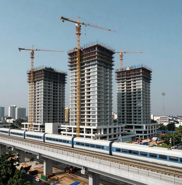 A high-quality architectural photograph of the Chennai Metro construction near Porur, showcasing modern connectivity. The image has a clean, muted blue palette with crisp white details, emphasizing the strategic location advantage.