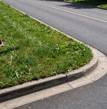 A crisp, detailed ground-level photograph of the site boundary and access road, showing clean edges and professional land maintenance.