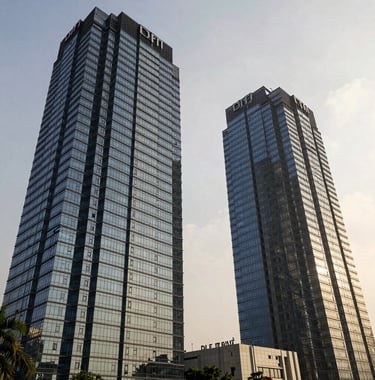 Professional exterior photography of the DLF IT Park glass towers in Chennai, reflecting a bright morning sky. The composition emphasizes high-end commercial growth and proximity, using deep navy and off-white tones.