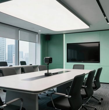 Photography of a high-tech meeting room with professional audio-visual equipment. The design is sleek and innovative, utilizing colors like dark green and light mint. The setting is in a contemporary East Asian office building.