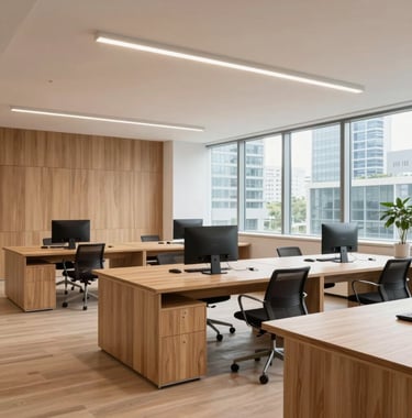 A wide-angle photograph of a modern, minimalist collaborative workspace in an East Asian metropolitan area. The interior features natural wood textures, clean lines, and large windows. The lighting is bright and airy, reflecting a sophisticated and reliable brand image.