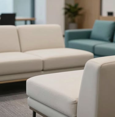 An aesthetic close-up of a modern lounge area within a corporate office. It shows high-quality designer furniture and subtle brand elements in off-white and medium teal. The mood is calm and professional.