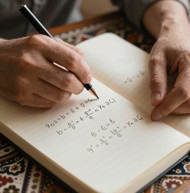 Close-up of hands solving a complex algebraic equation in a notebook, natural light, warm and studious atmosphere in an Anatolian setting.