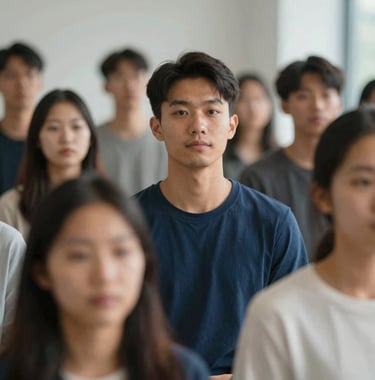 A high-end, modern portrait of diverse young believers in a spiritually charged community setting. The aesthetic is clean and premium, using the brand colors #F2F4F7 and #2E3A4B, with cinematic depth of field.