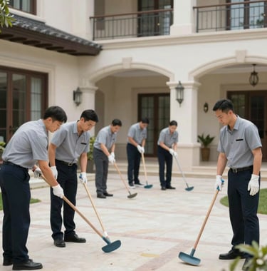 A group of professional maintenance and cleaning experts in subtle branded uniforms attending to a luxury villa, ensuring every detail is perfect before a guest arrival.