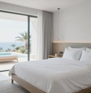 A close-up of a high-end luxury bedroom in a modern Algarve villa. Crisp white linens, minimalist wooden furniture, and a large window showing a hint of palm trees. The color palette is dominated by #F7F9FB and soft #4A6D7C accents.