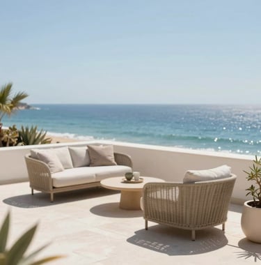 A sun-drenched terrace overlooking the Atlantic ocean in the Algarve. Stylish outdoor lounge furniture in neutral tones. The scene projects a lifestyle of effortless luxury and high rental appeal.