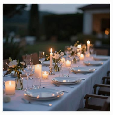 An elegantly set dinner table on a terrace at twilight, with candles and high-end glassware. Focus on hospitality.