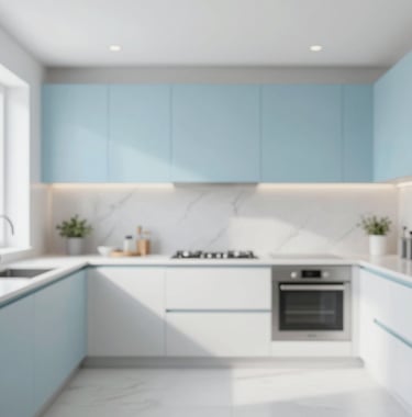 A bright, high-end kitchen of a managed property in Algarve, clean lines, white marble, and minimalist decor. Incorporates soft blue #B4C5CB accents.