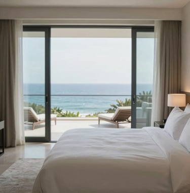 Luxury villa bedroom with crisp white linens and a balcony view of the ocean. Peaceful and premium vibe.