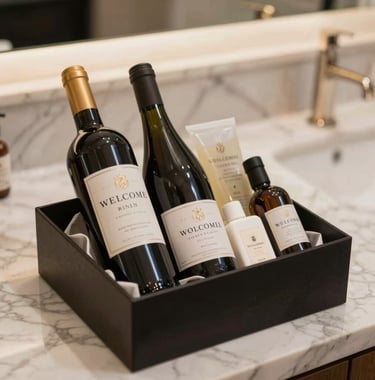 Detailed shot of a professional welcome kit on a marble countertop, featuring premium local wine and high-end toiletries, symbolizing the luxury guest experience.