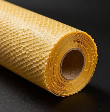 Roll of innovative honeycomb paper wrap on a sleek black background, modern organic protective material, cyber yellow studio spotlight highlighting the texture, product photography.