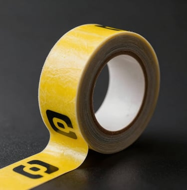 A close-up of custom printed paper adhesive tape, minimalist design with cyber yellow and black corporate patterns, setting on a dark reflective surface, sleek packaging brand identity, photography.