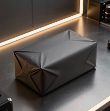 A sleek modern package wrapped securely and ready for transit, resting on a minimalist dark metallic workspace with cyber yellow ambient light trails, crisp high-end product photography.