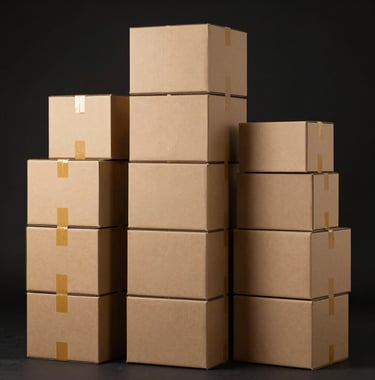 Eco-friendly natural brown cardboard delivery boxes of various sizes stacked in a perfect minimalist grid against a solid matte black background, studio lighting with yellow accents.