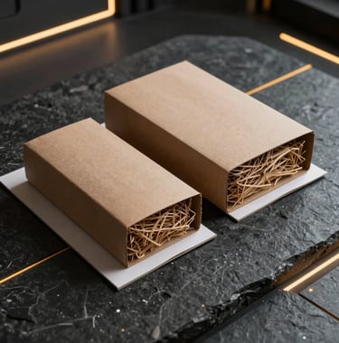 Sustainable packing paper fillings and protective layers elegantly arranged on a dark futuristic stone surface with dynamic cyber yellow side lighting, eco-modern design aesthetic, photography.