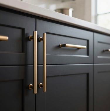 A detailed close-up of custom matte black cabinetry with integrated champagne gold handles, showing architectural precision and premium hardware in a bright North American / Californian home.