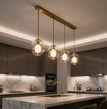 Elegant low-angle shot of designer lighting fixtures hanging over a sleek kitchen island in a luxury Los Angeles residence.