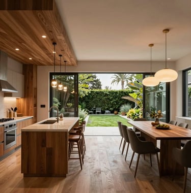 A spacious open-plan kitchen and dining area in a Los Angeles home. Features warm wood accents, custom designer lighting, and floor-to-ceiling glass doors opening to a garden.