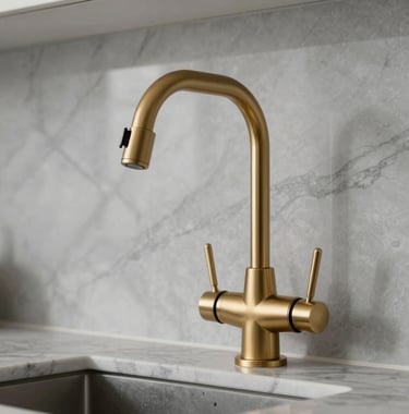 Detail shot of champagne gold faucet and hardware against a backdrop of marble gray backsplash in a luxury North American kitchen. Architectural lighting highlighting the textures and clean lines.