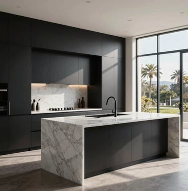A minimalist luxury kitchen featuring matte black floor-to-ceiling cabinets and a waterfall white marble island. Natural California sunlight streaming in through floor-to-ceiling windows.