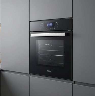Detailed shot of integrated smart kitchen technology inside a matte gray cabinet. High-end North American / Californian interior design aesthetic.